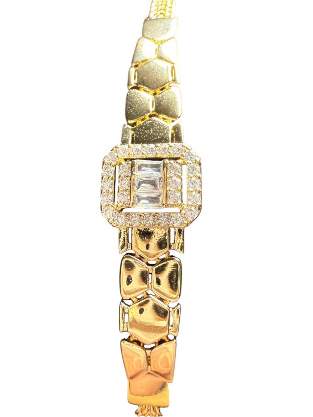 Gold bow-link bracelet featuring a rectangular baguette Unisex
